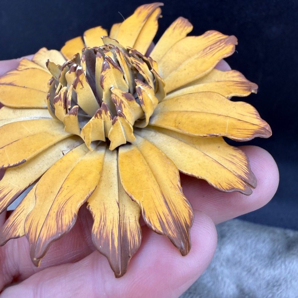 Vintage Enamel Flower Brooch Yellow HUGE